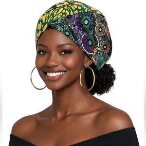 African Print Colorful Hunter Green Gold Yellow Blue Black Patterned Headwrap